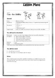 English Worksheet:  Can - for Ability lesson plan