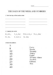 English Worksheet: The days of the week and the numbers