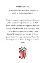 English Worksheet: Speech Therapy Popcorn Game - S initial position