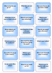 English Worksheet: Question cards about school and hobbies