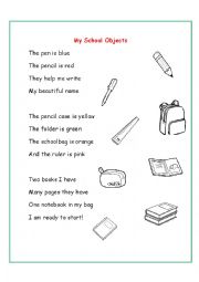 English Worksheet: Classroom Objects Poem