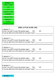 English Worksheet: Speed Dating 10 Role Cards + Score Cards