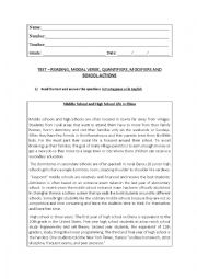 English Worksheet: TEST  READING, MODAL VERBS, QUANTIFIERS, MODIFIERS AND SCHOOL ACTIONS