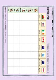 English Worksheet: Battleship-Where are they from? (level1)