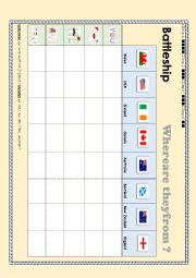 English Worksheet: Battleship-Where are they from? (level 2)