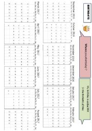 English Worksheet: 2016 2017 birthdays