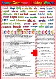 Common linking words plus sample sentences + key.