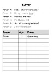 English Worksheet: Survey - Name, age, from