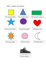 English Worksheet: colors, shapes and objects (basic)