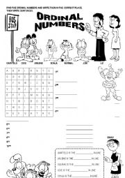 English Worksheet: Ordinal numbers - wordsearch & fill in 