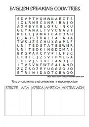 ENGLISH SPEAKING COUNTRIES WORDSEARCH