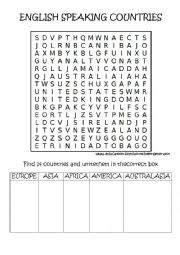 English Worksheet: ENGLISH SPEAKING COUNTRIES WORDSEARCH