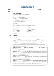 English Worksheet: Can/cant