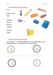English Worksheet: Test - school objects, time, daily routine and greetings