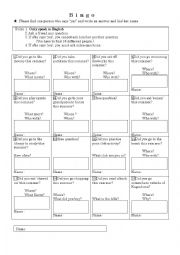 English Worksheet: Summer Vacation Speaking Bingo