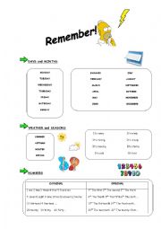 English Worksheet: Days, months, seasons, weather and numbers