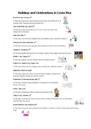 English Worksheet: Holidays and Celebrations in Costa Rica