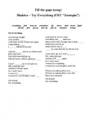 English Worksheet: Fill the Gaps (songs) Shakira - Try everything (OST 