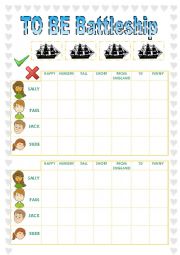 English Worksheet: TO BE - Battleship GAME , speaking activity EDITABLE