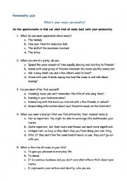 English Worksheet: Music personality quiz