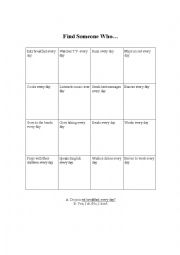 English Worksheet: Every Day Activities Hello Bingo