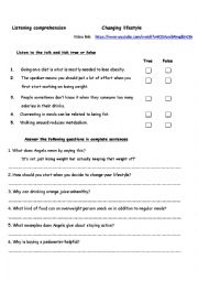 English Worksheet: Listening Comprehension Based on a Video Talk: Healthy Lifetyle + Reading Comprehension on Obesity