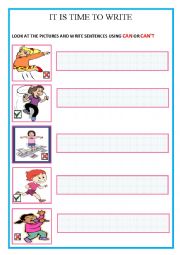 English Worksheet: Look at the pictures and write sentences usin can or cant