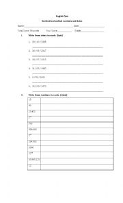 English Worksheet: Numbers and Date Quiz