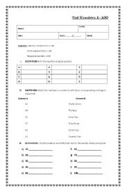 English Worksheet: Test Numbers 1-100