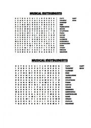 English Worksheet: Musical Instruments Word Search