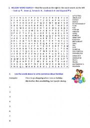 English Worksheet: HOLIDAY WORDSEARCH AND SENTENCES