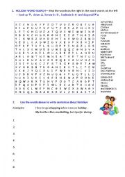 English Worksheet: HOLIDAY WORDSEARCH AND SENTENCES