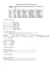English Worksheet: Exercise Personal Pronouns + Verb TO BE