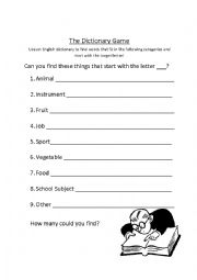 English Worksheet: The Dictionary Game