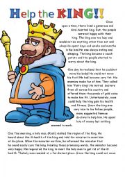 English Worksheet: Help the KING!! Healthy eating Reading with comprehension questions and food pyramid. 