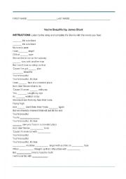 English Worksheet: Youre beautiful by James Blunt lyrics