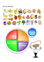 English Worksheet: WHOLE WORKSHEET PACKAGE Cut and sort food groups, reading comprehension, short story