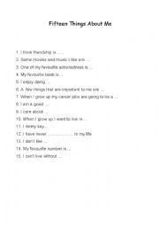 English Worksheet: Fifteen things about me