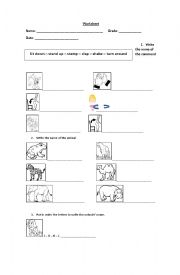 English Worksheet: Study Worksheet - Animals, commands, and adjectives