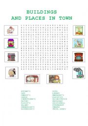 English Worksheet: Buildings and places in town _wordsearch