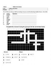 English Worksheet: CROSSWORD PUZZLE SYNONYM 1