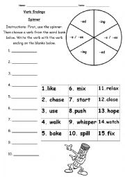 English Worksheet: Verb Endings Spinner