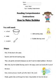 English Worksheet: Reading Comprehension How to Make Bubbles