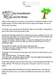 English Worksheet: Reading Comprehension Fable (The Hippo and The Monkey) 