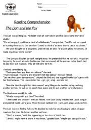 English Worksheet: Reading Comprehension Fable (The Lion and The Fox) 