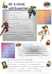 English Worksheet: Be Have present simple superheroes