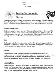 English Worksheet: Reading Comprehension Non-Chronological Report (Spiders) 