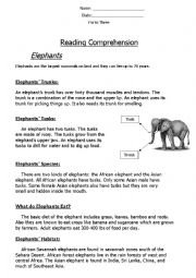 English Worksheet: Reading Comprehension Non-Chronological Report (Elephants) 