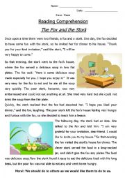 English Worksheet: Reading Comprehension Fable (The Fox and the Stork) 