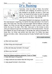 English Worksheet: Its raining. A reading comprehension passage.